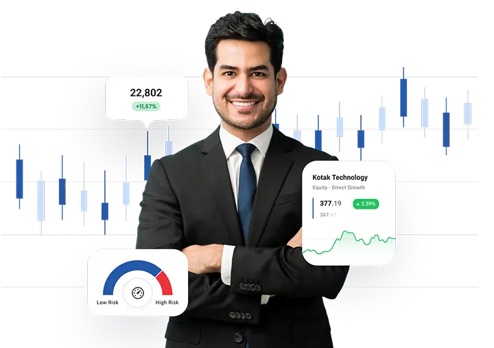 Professional investor with stock market chart and mutual fund performance indicators in background